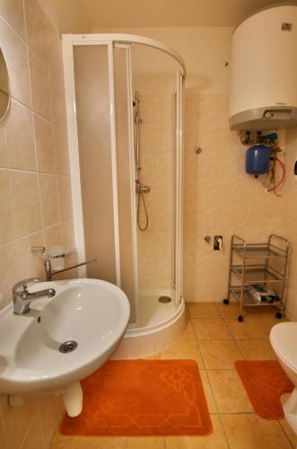 a bathroom with a white sink and a shower at Apartmán Orbit in Malá Morávka