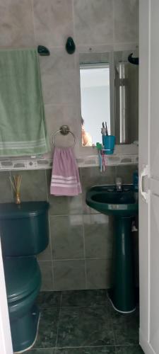 a bathroom with a green sink and a mirror at Helena Hostel in Cali