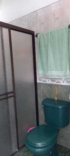 a bathroom with a green toilet and a towel at Helena Hostel in Cali