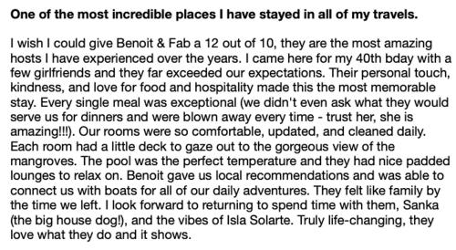 a letter from a friend of mine that reads one of the most incredible places at Villa F&B in Bocas del Toro