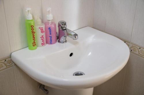 a bathroom sink with two bottles ofodorizers on it at Triple Palms House in Chiang Mai