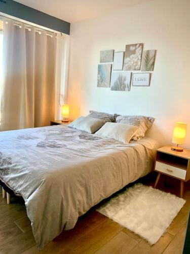 une chambre avec un grand lit avec deux lampes dans l'établissement Lumineux et cosy, avec parking, 2 mn gare, 2mn Muse, 5mn centre, à Metz