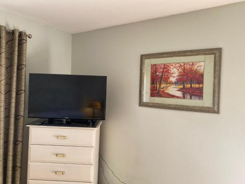 a flat screen tv sitting on top of a dresser at Serenity in Burnaby