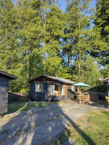 a cabin in the woods with a picnic table at Cabañas Roka Caburgua in Pucón