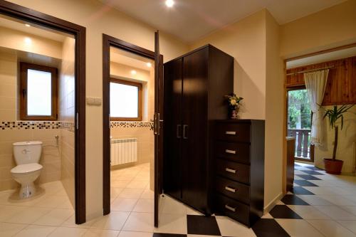 a bathroom with a toilet and a wooden cabinet at Muran Apt in Zakopane