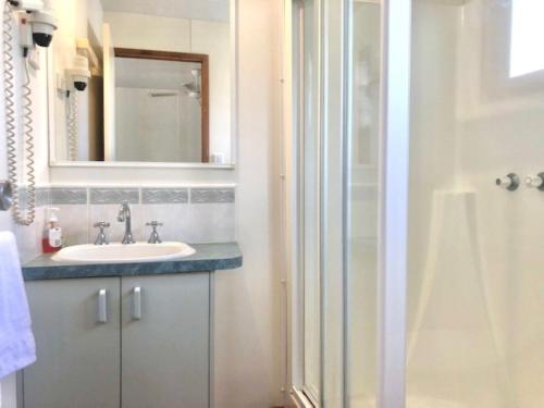 ein Bad mit einem Waschbecken, einem Spiegel und einer Dusche in der Unterkunft Alexandra Parklife Studio 4 in Alexandra