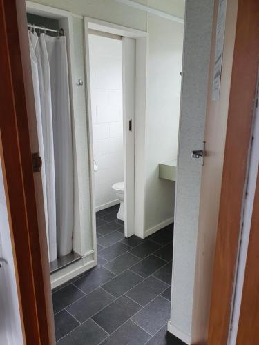 a bathroom with a toilet and a mirror at Brooklyne Motel Sanson in Sanson