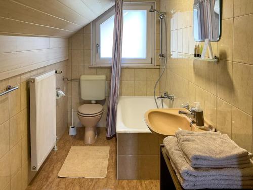 ein Bad mit einem Waschbecken, einem WC und einem Fenster in der Unterkunft Apartments Franc in Bled