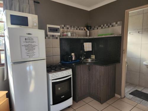a small kitchen with a stove and a refrigerator at Snips Accommodation in Newcastle