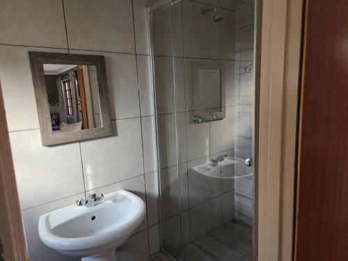 a bathroom with a sink and a shower at Snips Accommodation in Newcastle