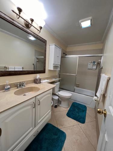 La salle de bains est pourvue d'un lavabo, de toilettes et d'un miroir. dans l'établissement Entire Single Family home 3 bed 2 bath in water front big cozy back yard view, à Coconut Creek