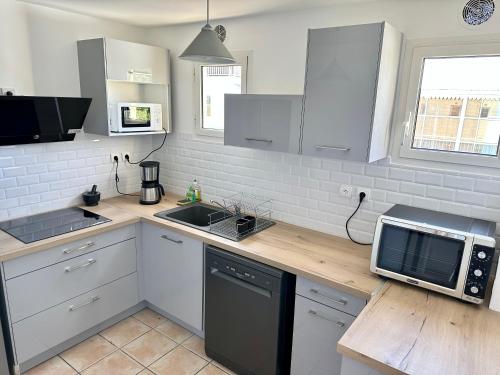 a kitchen with a counter with a microwave and a sink at Ti Kaz Apaya in Saint-Pierre