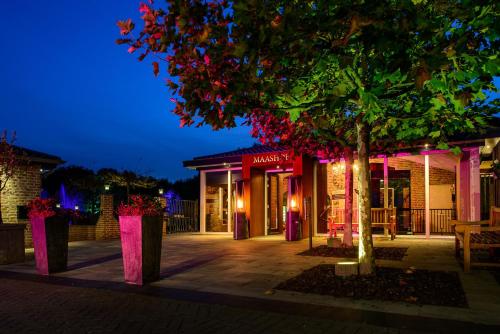 un bâtiment avec des vases roses et des arbres devant lui dans l'établissement Maashof, à Venlo