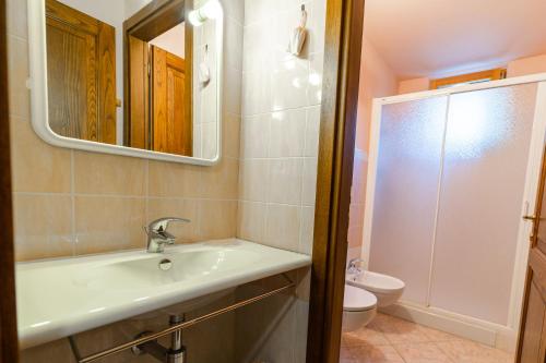 a bathroom with a sink and a toilet and a mirror at Casa Pepe - Goelba in Pomonte