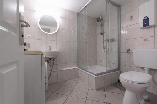 a bathroom with a toilet and a shower and a sink at T&K Apartments - Dusseldorf - 2 rooms - Ground floor in Düsseldorf