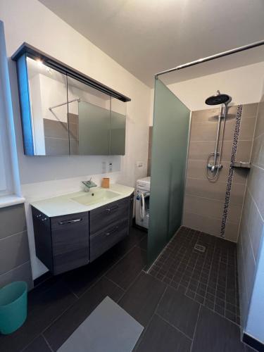 a bathroom with a sink and a shower with a mirror at Apartment Gröbming Nord in Gröbming