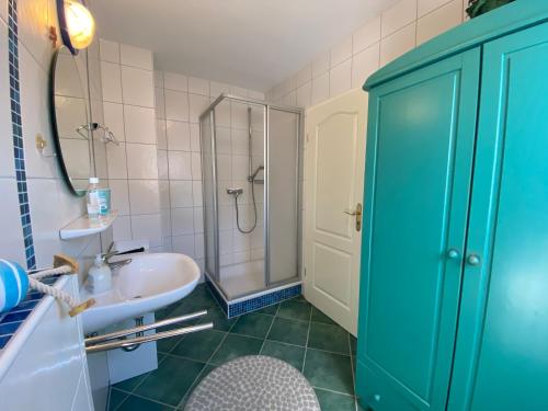 Bilik mandi di Ferien im Wangerland Ferienwohnung INSEL Minsen Schillig Hund Pool Sauna
