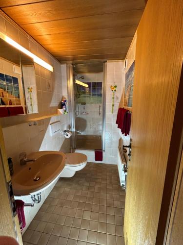 a bathroom with two toilets and a sink and a shower at Hotel - Pension Alpenstern in Schönau am Königssee