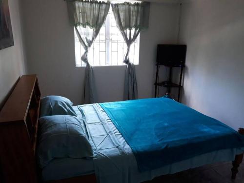 a bedroom with a blue bed and a window at Home Style Apartment J in Roseau