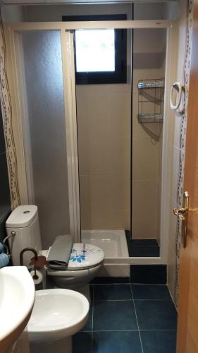 a bathroom with a shower and a toilet and a tub at Apartamento Riglos Candanchu in Candanchú