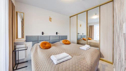a bedroom with a bed with a large mirror at Apartamenty Sun & Snow Rozewska Natura Park in Jastrzębia Góra
