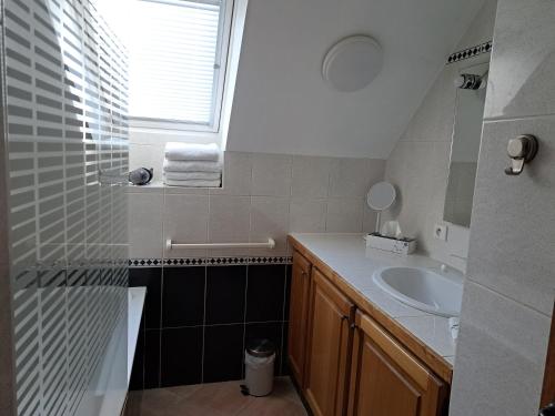 een badkamer met een wastafel en een douche met een raam bij Au Chat Perché espace familial in Mareil-sur-Mauldre