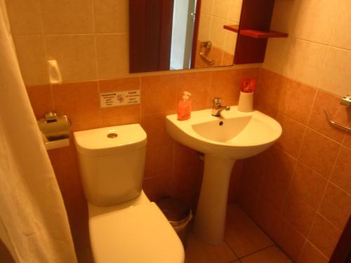 Baño pequeño con aseo y lavamanos en Marina Apartments 211, en Lárnaca