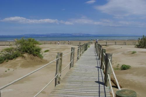 a wooden boardwalk leading to a beach with people on it at Hotel Mas Prades in Deltebre