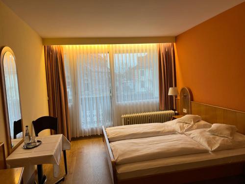 une chambre avec un lit, une table et une fenêtre dans l'établissement Hotel Schwan, à Hügelsheim
