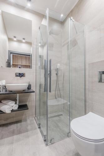 a bathroom with a shower and a toilet and a sink at Smrekowa Ostoja in Poronin