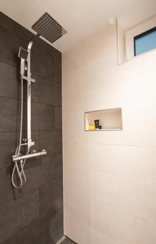 a shower in a bathroom with a wall at ImPuls | aparts in Schladming