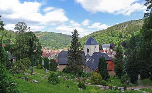 mały kościół w środku zielonego wzgórza w obiekcie ferienwohnungen.ruhla w mieście Ruhla