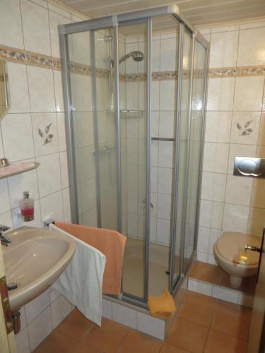 a bathroom with a shower and a sink at Ferienhaus Sylvia beim Waldrand in Gößweinstein