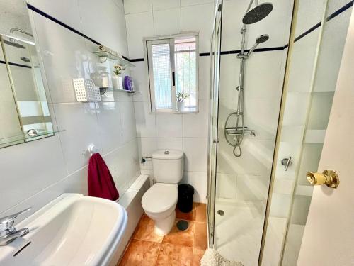 a bathroom with a shower and a toilet and a sink at Estudio adosado acogedor con jardín, barbacoa y parking privado in Alicante