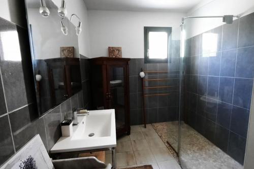 een badkamer met een wastafel en een douche bij Maison lumineuse avec jardin in Néffiès