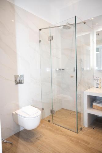 a bathroom with a toilet and a glass shower at HomeResidence 2 in Ermoupoli