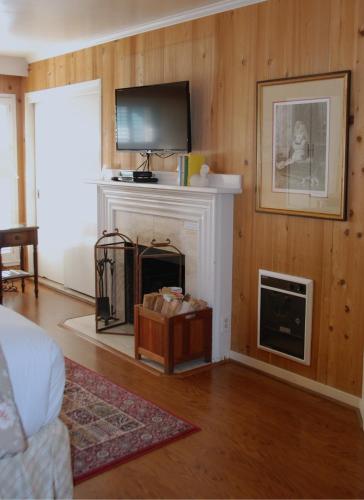 a living room with a fireplace with a tv above it at Carmel Garden Inn in Carmel