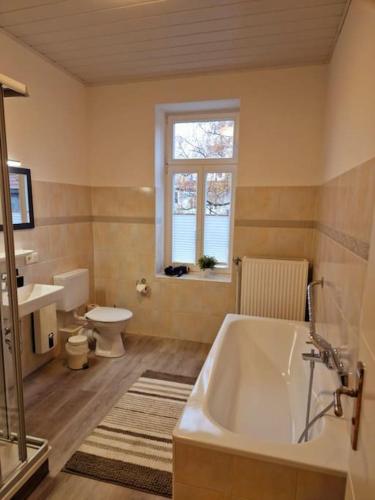 łazienka z wanną, toaletą i oknem w obiekcie Zum Jakobi 5 w mieście Goslar