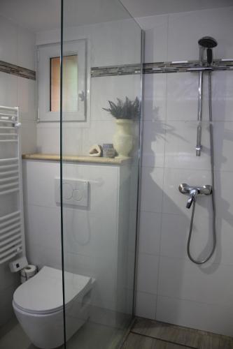 une salle de bain avec toilettes et douche en verre dans l'établissement Duplex vue mer golf de Saint-Tropez plage à 300m, aux Issambres