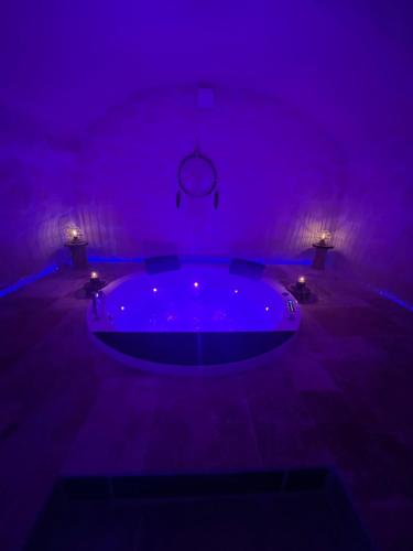 ein lila Zimmer mit einer Badewanne mit Beleuchtung in der Unterkunft The Dream Spa 07 in Tournon-sur-Rhône