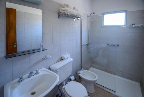 W łazience znajduje się umywalka, toaleta i prysznic. w obiekcie Hotel La Huertita w mieście Libertador General San Martín