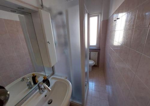 La salle de bains est pourvue d'une douche, d'un lavabo et de toilettes. dans l'établissement Grazioso monolocale, à Milan