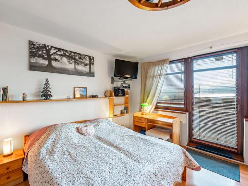 Schlafzimmer mit einem Bett, einem Schreibtisch und einem Fenster in der Unterkunft Apartment Sachrův Kopec by Interhome in Harrachov
