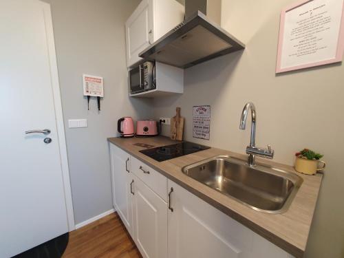 a kitchen with a sink and a counter top at Skálatjörn Guesthouse in Skálatjörn