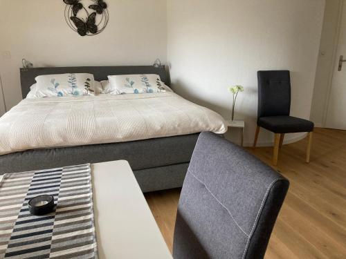 sypialnia z łóżkiem i krzesłem w obiekcie Studio Bergblick w mieście Eschenbach