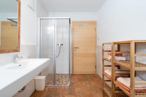 a bathroom with a sink and a shower at Ferienwohnung am Waldrand in Mittersill