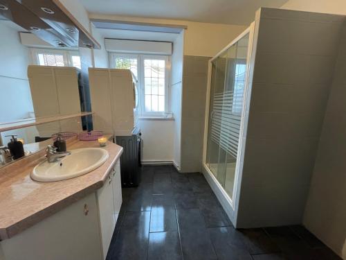 a bathroom with a sink and a mirror at Gîte le Calyaden in Athis