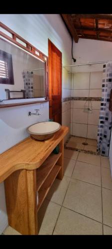 a bathroom with a sink and a mirror at Casinha do Cauipe in Caucaia