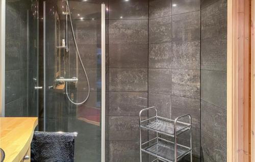 a shower with a towel rack in a bathroom at Awesome Home In Straumgjerde With Sauna, 4 Bedrooms And Wifi in Brunstad