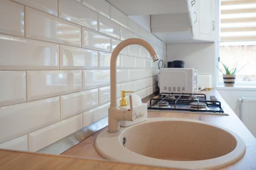 um balcão de cozinha com um lavatório e um fogão em Apart Relax Turda em Turda